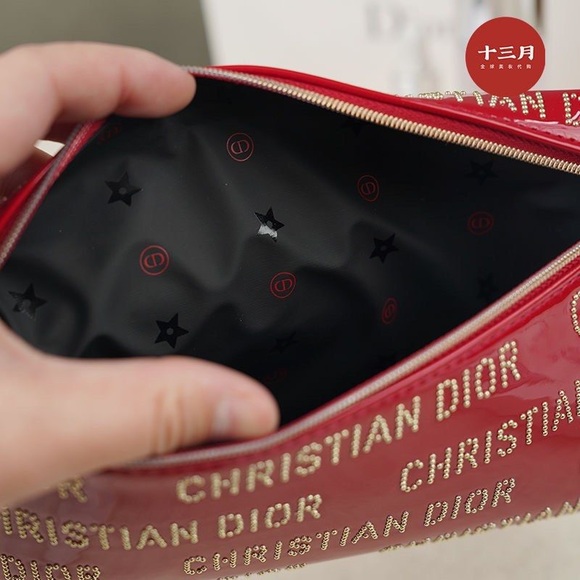 Christian Dior Red Patent Mini Clutch Studded Logo Zipper Cosmetic bag - Picture 12 of 15